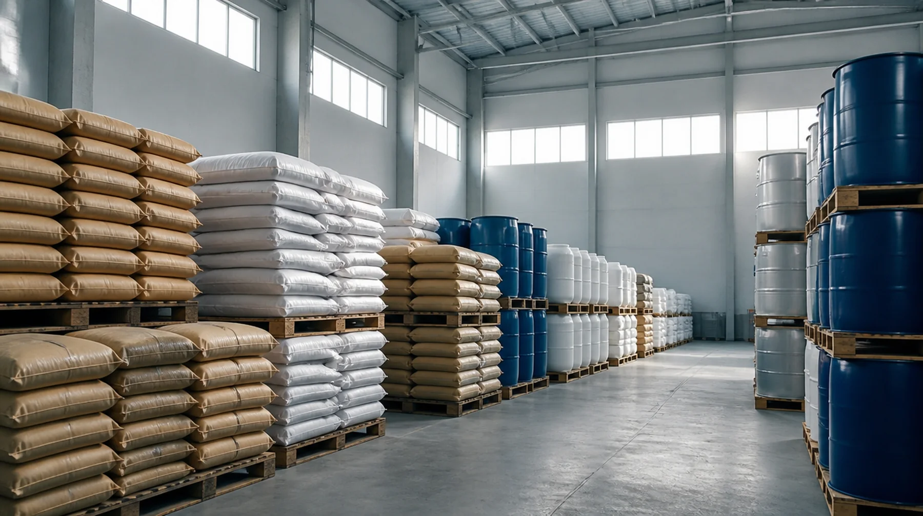 Sacos y tambores de producto químico industrial estibados sobre tarimas